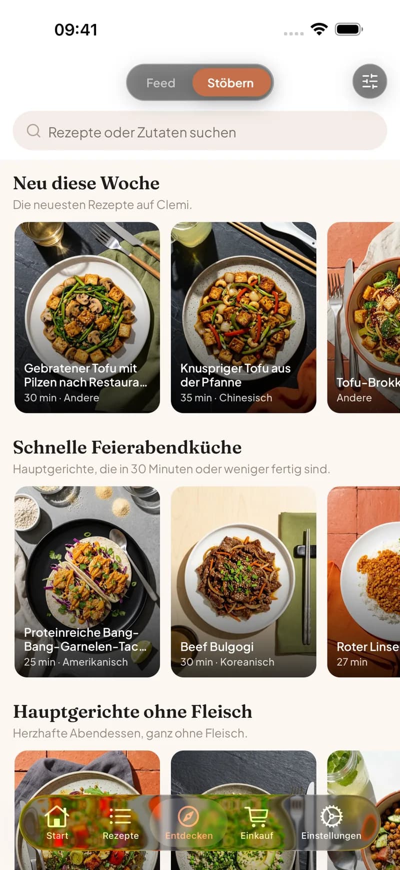 Clemis Durchstöbern-Bildschirm mit kuratierten Rezeptsammlungen wie schnelle Feierabend-Gerichte, um zu entscheiden, was gekocht wird