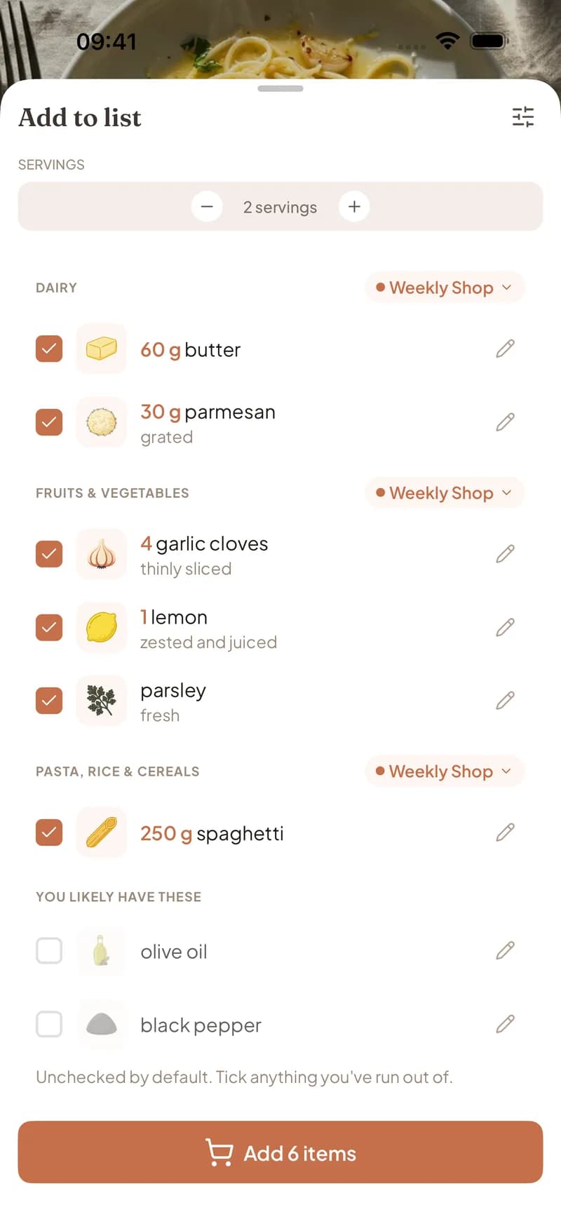 Clemi's add to grocery list screen with ingredients grouped by aisle and pantry staples left unchecked