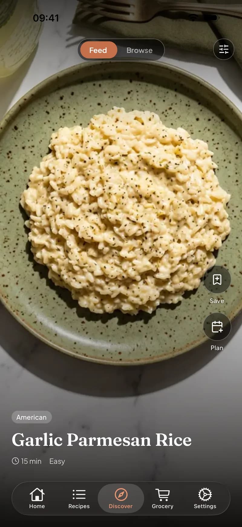Clemi's discovery feed showing a recipe saved from Instagram, ready to plan into the week