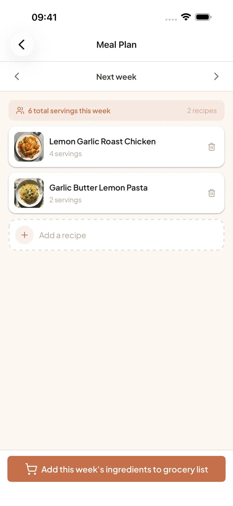 A weekly meal plan for two in Clemi with a one-tap button to add the week's ingredients to the grocery list