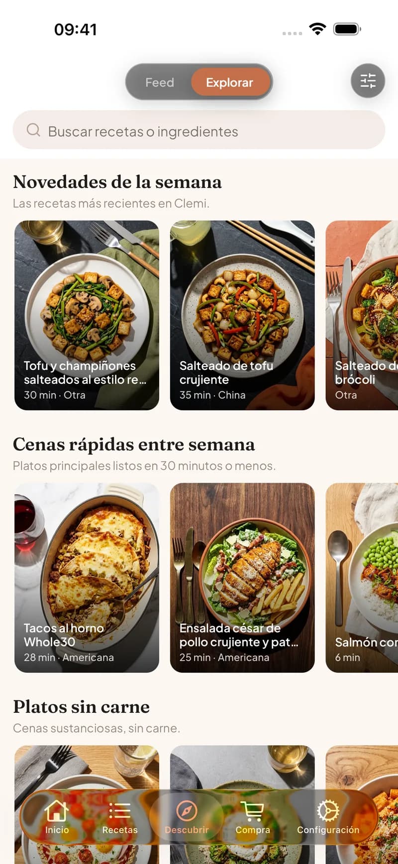 Pantalla de explorar en Clemi con colecciones de recetas seleccionadas como cenas rápidas entre semana, usada para decidir qué cocinar