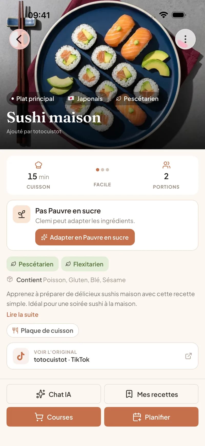 Une recette TikTok importée dans Clemi montrant les ingrédients, le temps de cuisson et un lien vers la vidéo du créateur d'origine