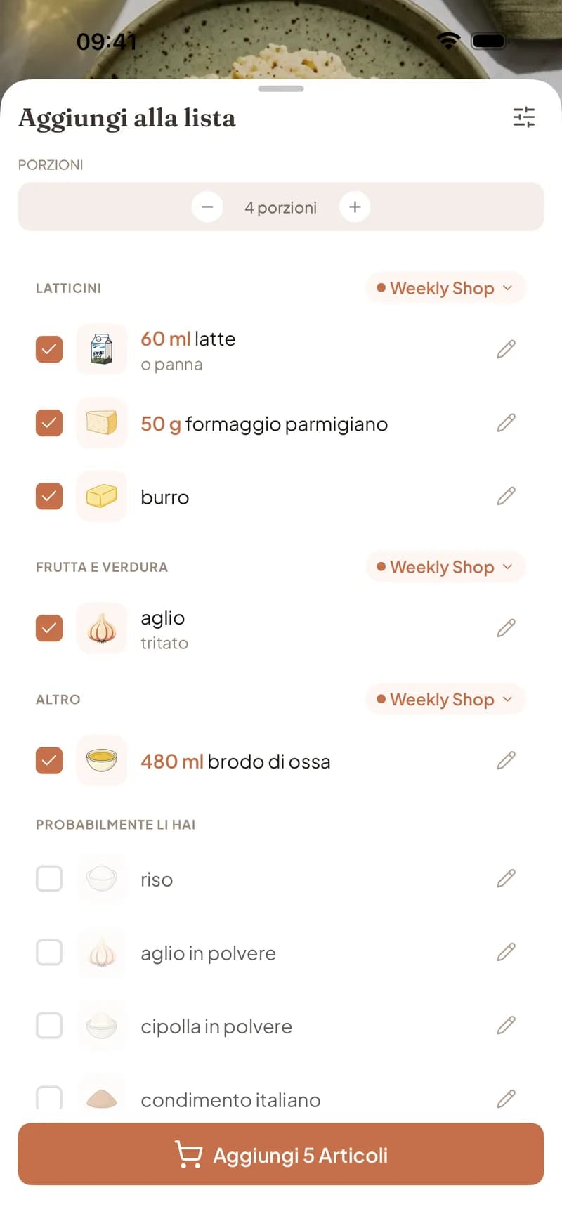 Schermata di aggiunta alla lista della spesa in Clemi con ingredienti raggruppati per corsia e basici della dispensa lasciati non spuntati