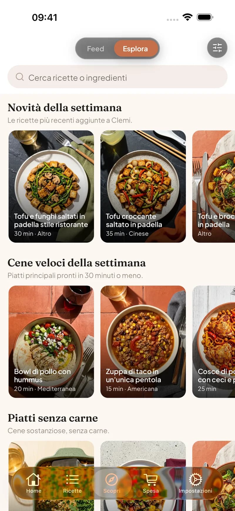 Schermata Esplora di Clemi con collezioni di ricette curate come cene veloci infrasettimanali, usate per decidere cosa cucinare