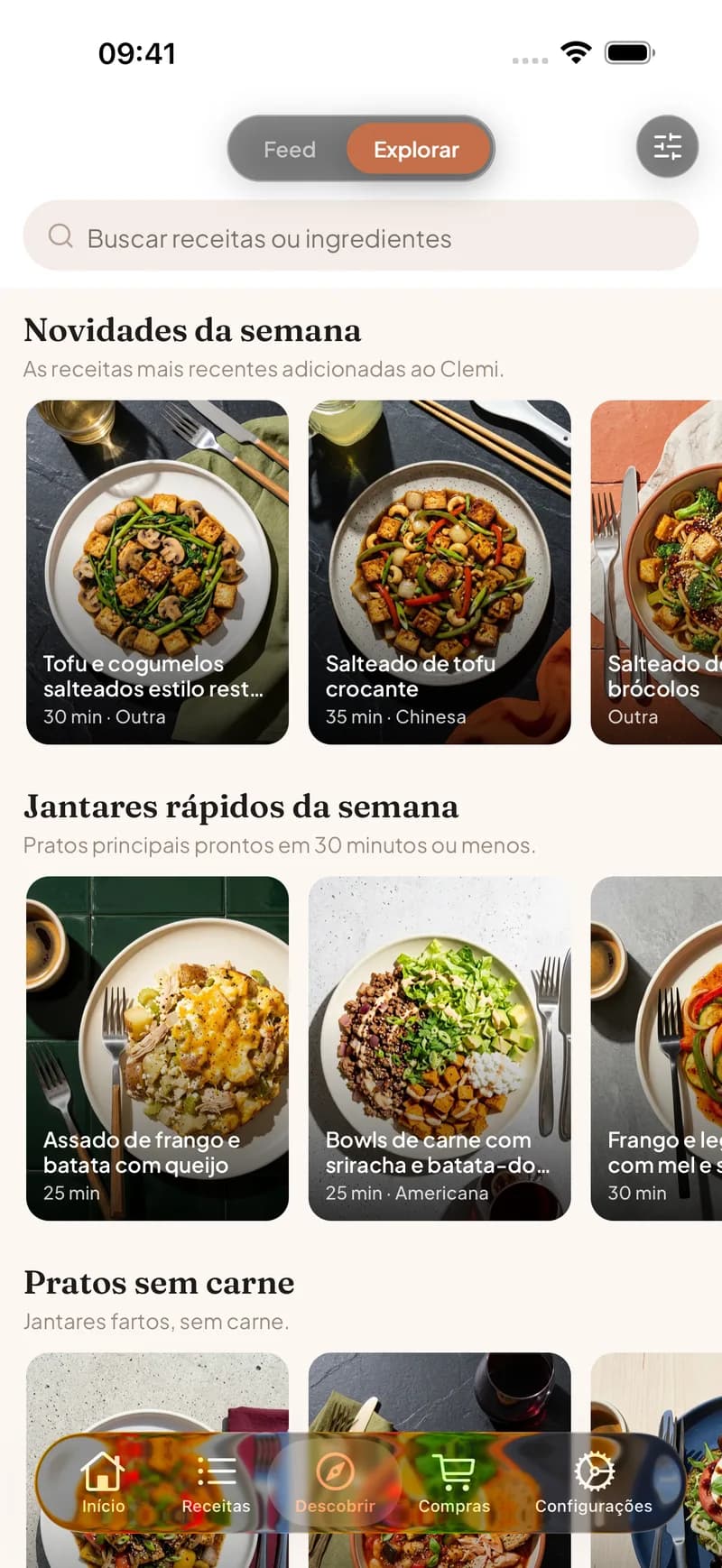 Ecrã de explorar do Clemi com coleções de receitas selecionadas, como jantares rápidos de semana, usado para decidir o que cozinhar
