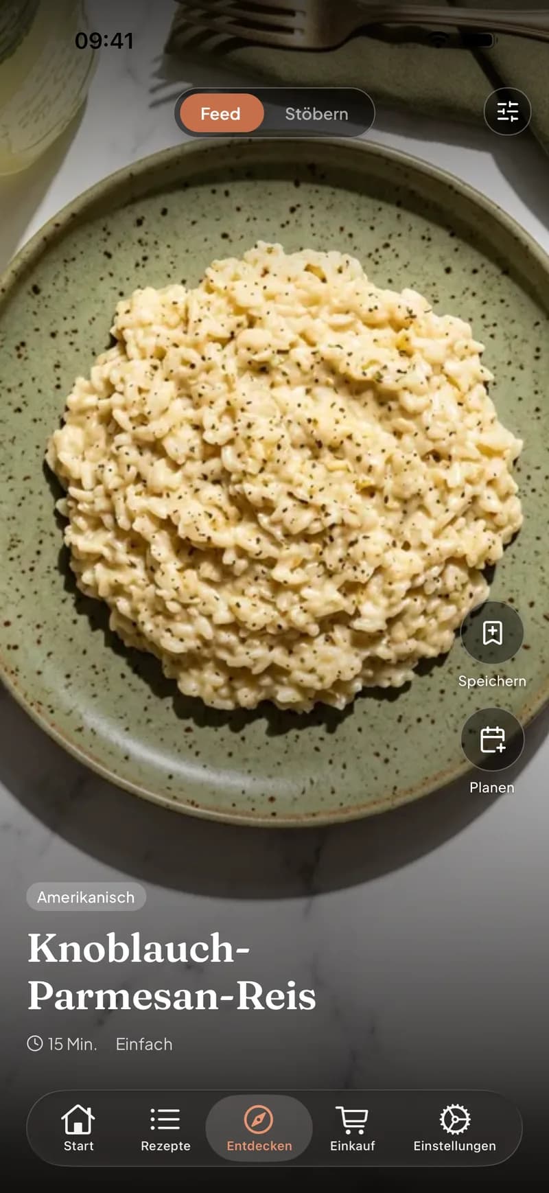 Clemis Entdeckungsfeed mit einem von Instagram gespeicherten Rezept, bereit für die Wochenplanung