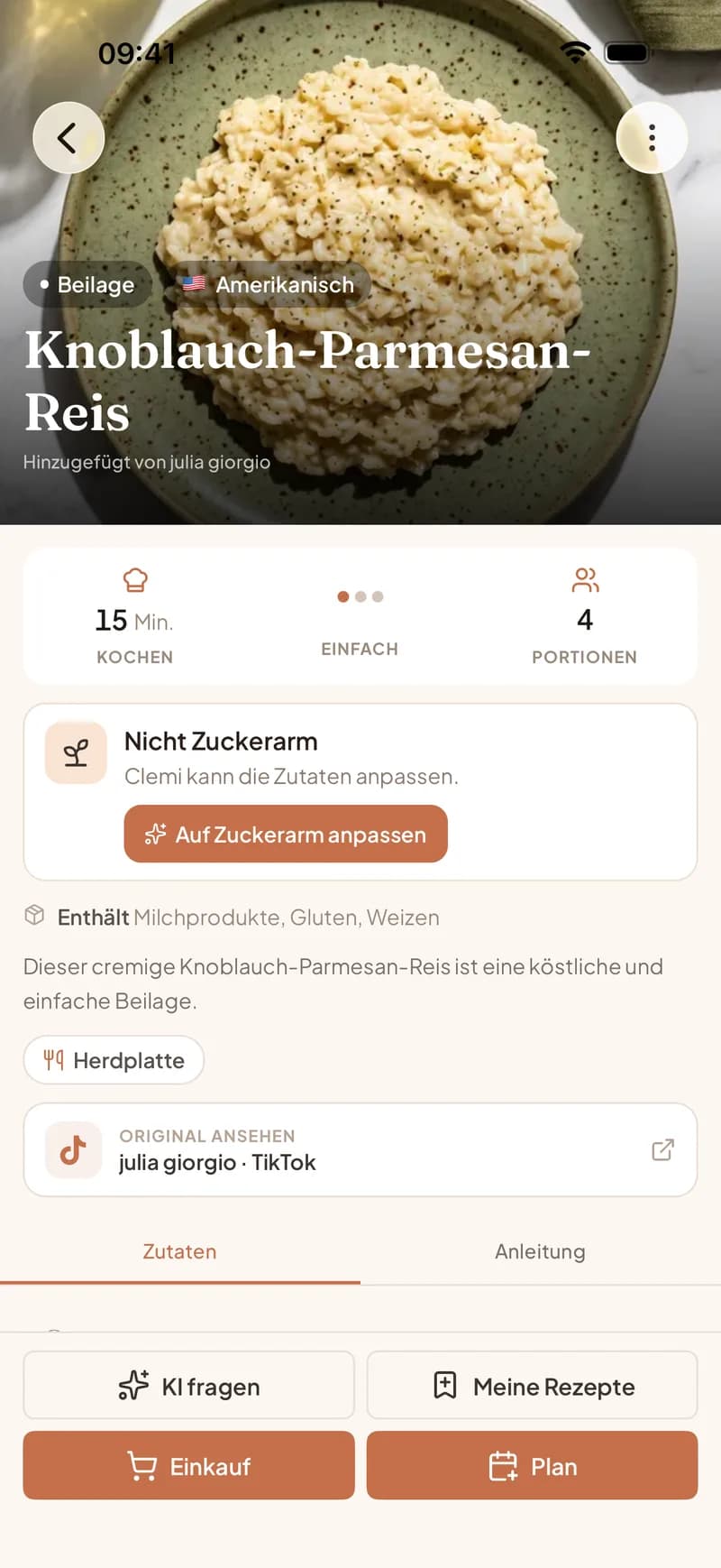 Ein von TikTok in Clemi importiertes Rezept mit Zutaten, Kochzeit und Link zum Originalvideo des Creators
