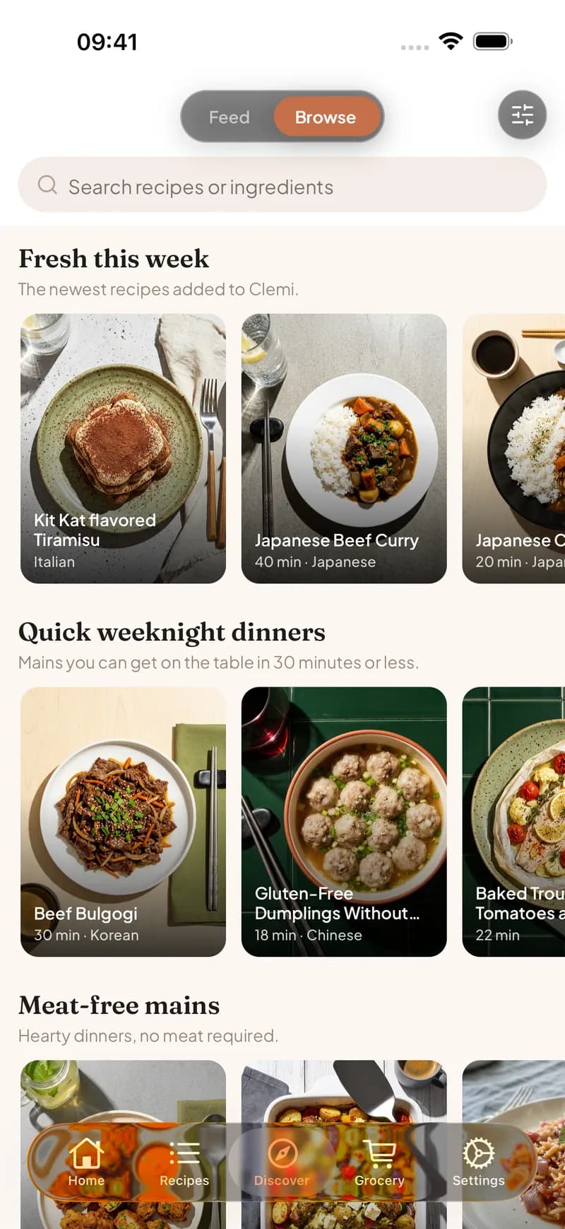 Browse screen in Clemi with curated recipe collections like quick weeknight dinners and meat-free mains