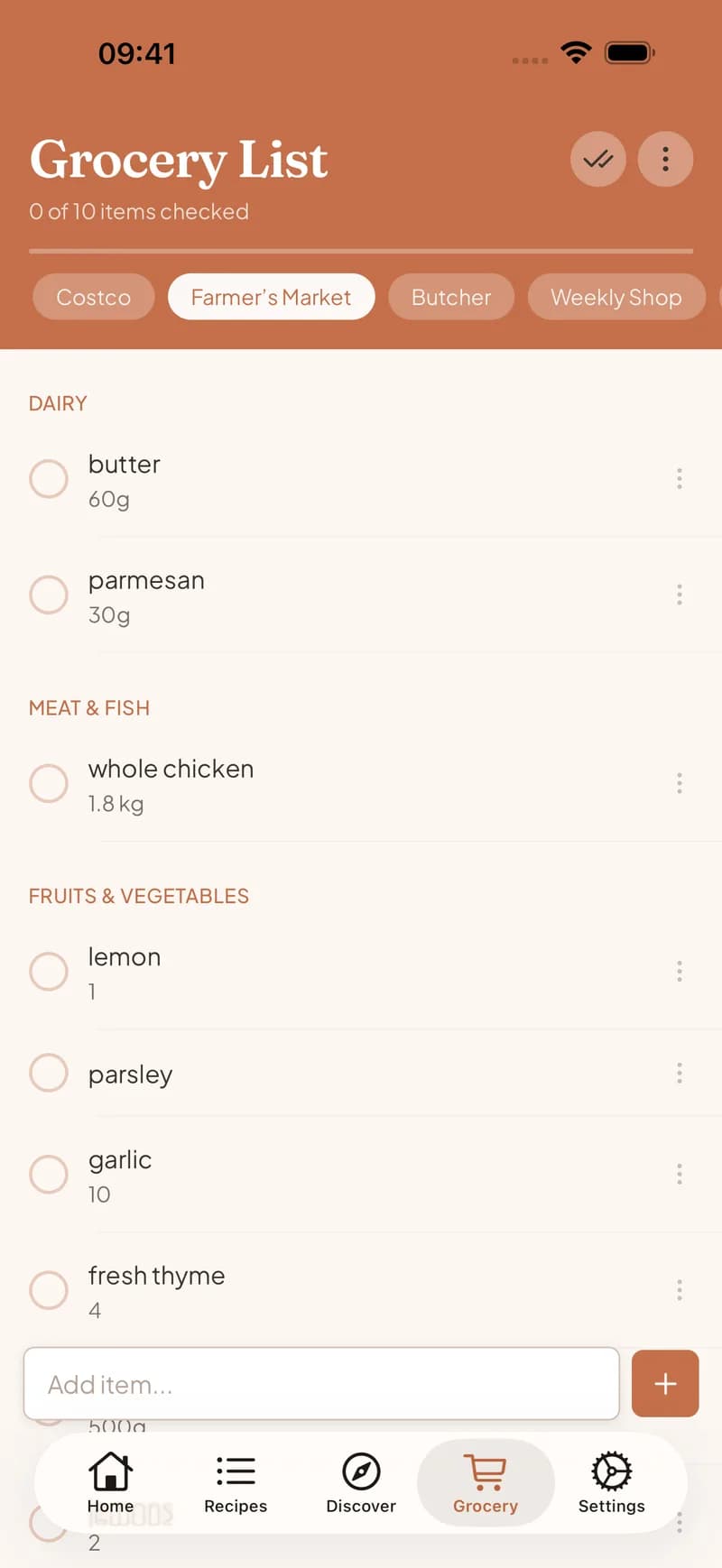 A shared grocery list in Clemi sorted by store section, with items merged from the week's recipes