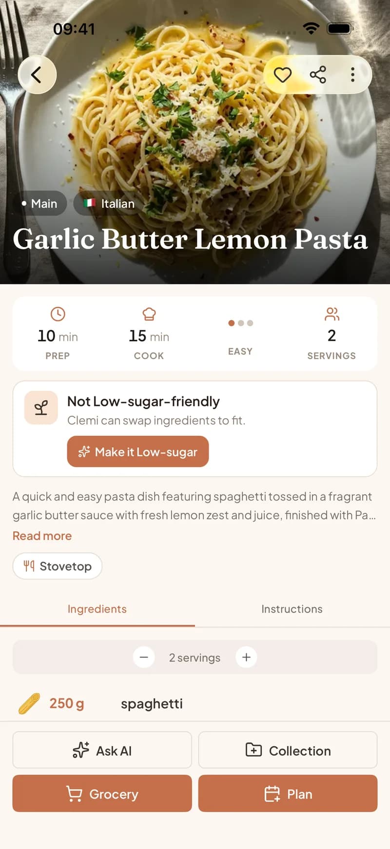 A TikTok recipe imported into Clemi showing ingredients, cook time, and a link to the original creator's video