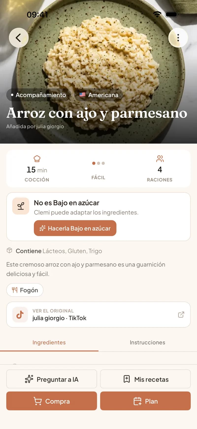 Una receta de TikTok importada en Clemi mostrando ingredientes, tiempo de cocción y un enlace al vídeo original del creador