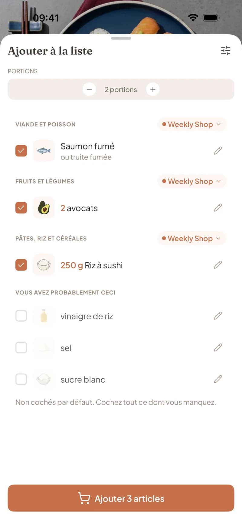 Écran d'ajout à la liste de courses de Clemi avec les ingrédients regroupés par rayon et les basiques du placard laissés décochés