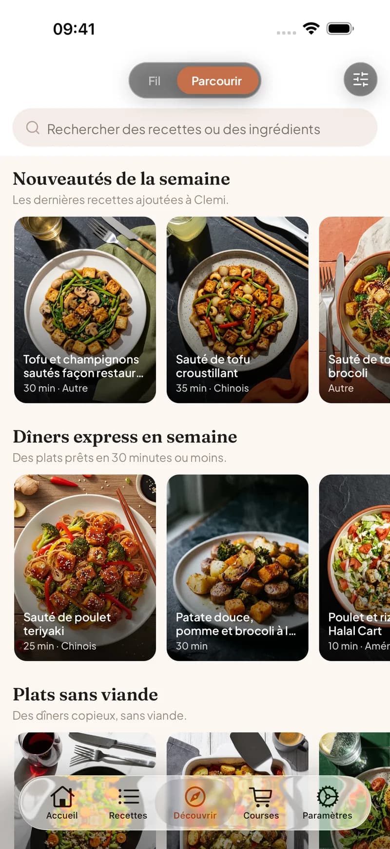 Écran de navigation de Clemi avec des collections de recettes triées sur le volet, comme les dîners rapides de semaine, pour décider quoi cuisiner