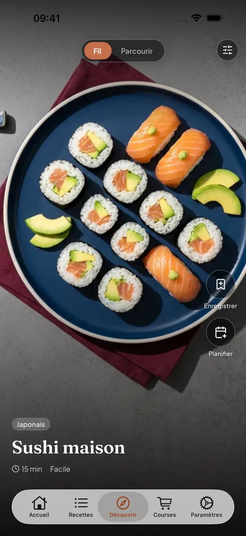 Fil de découverte de Clemi montrant une recette enregistrée depuis Instagram, prête à planifier dans la semaine