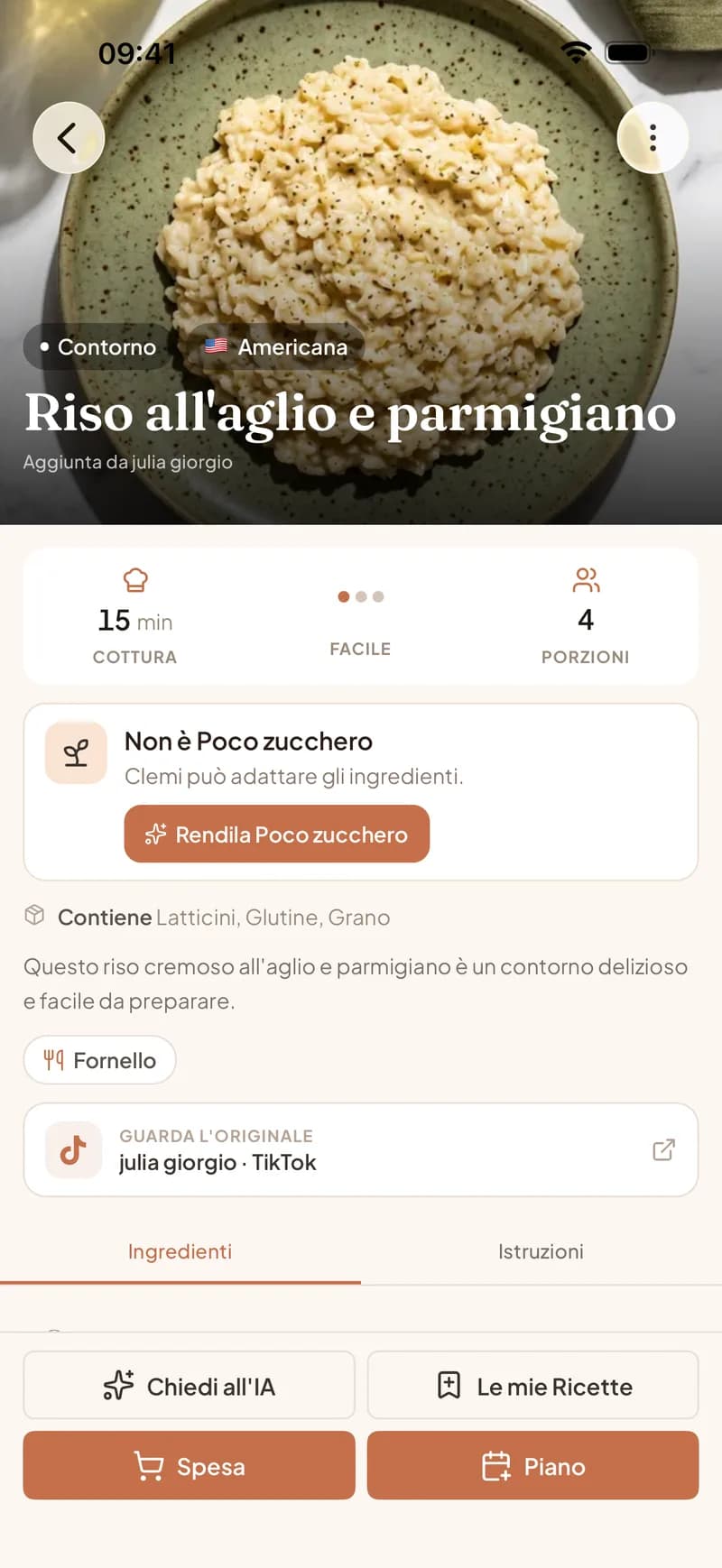 Una ricetta di TikTok importata in Clemi con ingredienti, tempo di cottura e un link al video del creator originale
